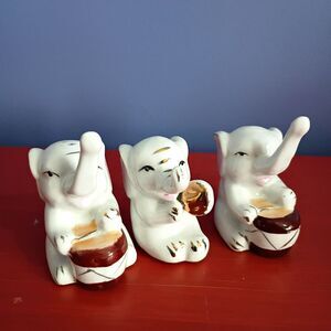 Set of 3 Vintage Elephant Ceramic Porcelain Figurines Playing Drums Japan